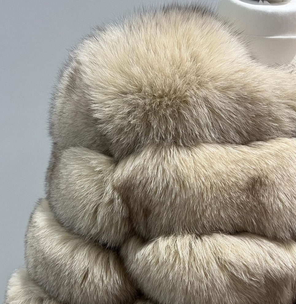 ‘Beige’ Premium 8 Row Full Sleeve Fox Fur Coat (10/18 Day Delivery)