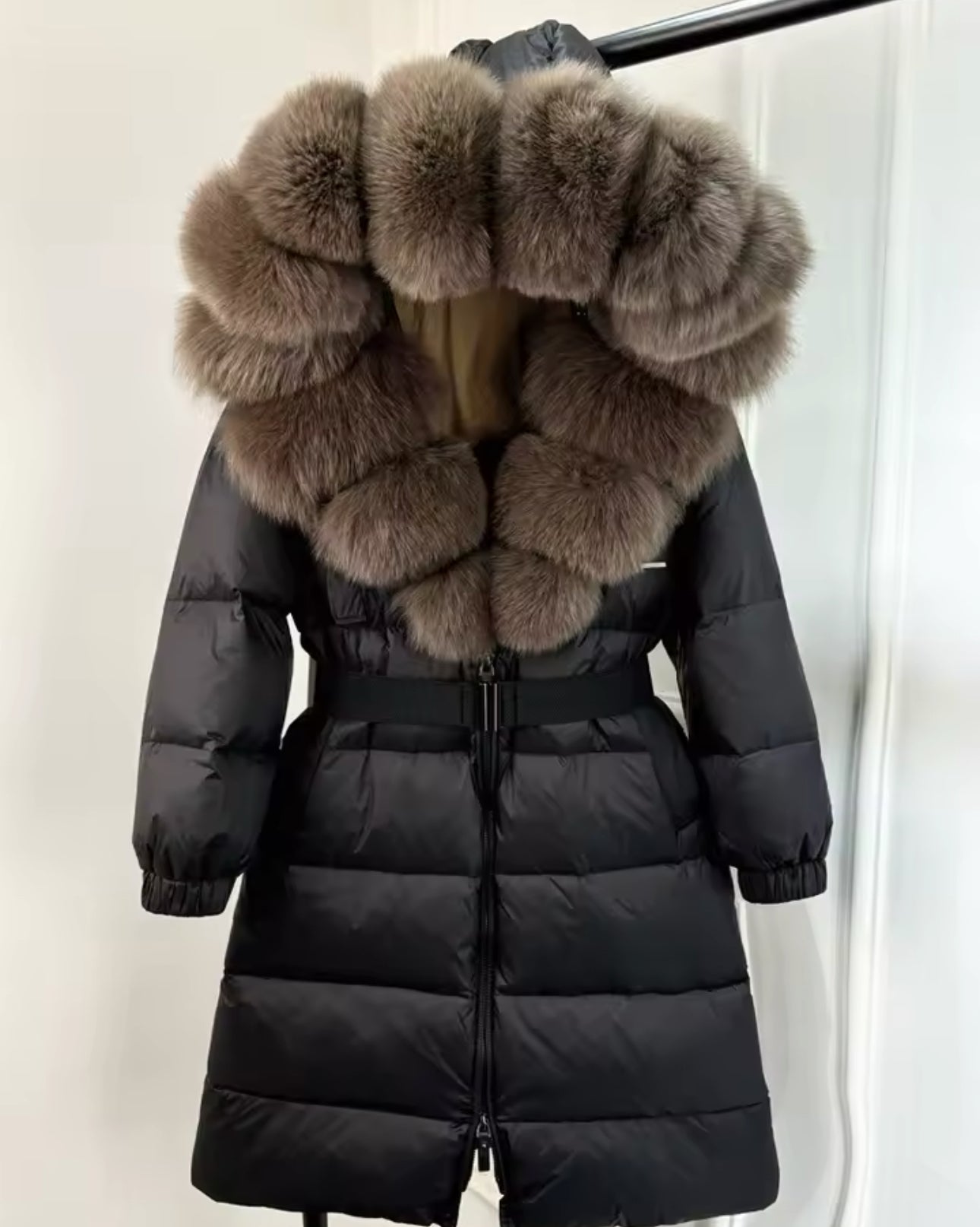 ‘Annalise’ Long Belted Hooded Fox Fur Puffer Jacket