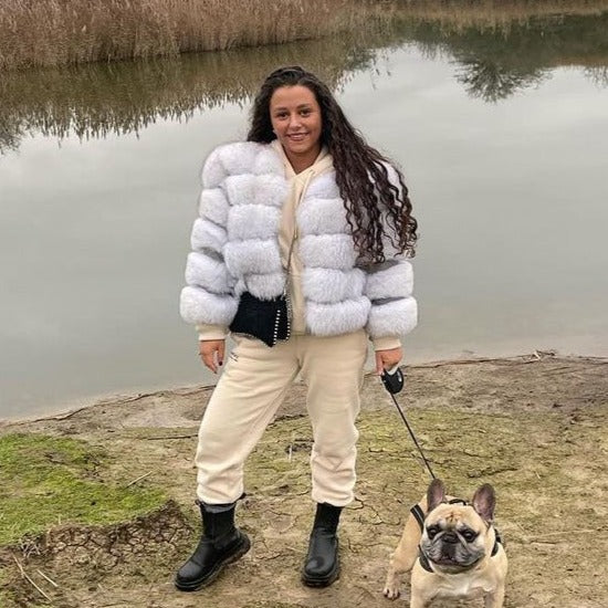 ‘Frost White’ Premium 5 Row Cropped Sleeve Fox Fur Coat (10/18 Day Delivery)