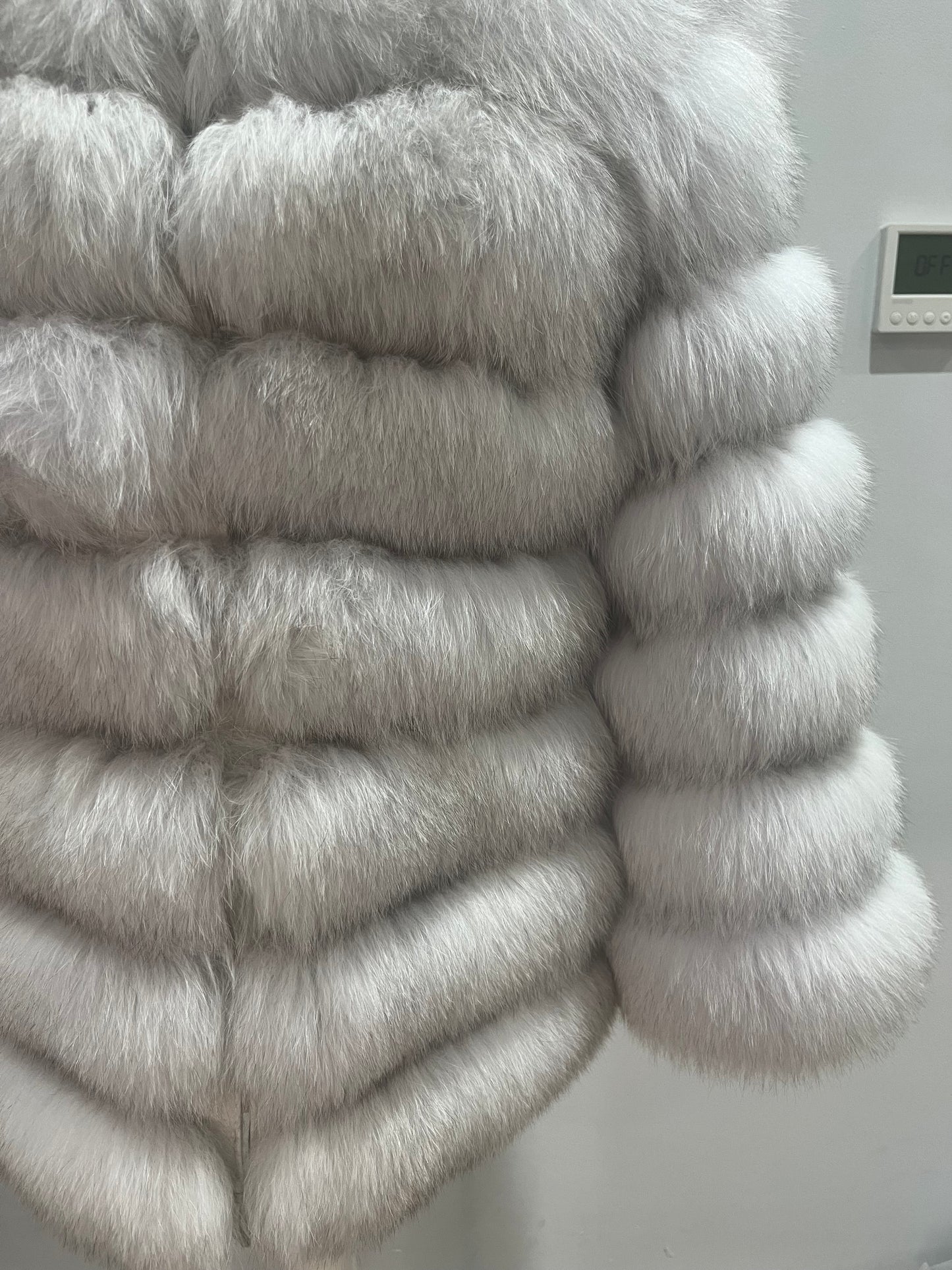 ‘Frost White’ Premium 8 Row Full Sleeve Fox Fur Coat (10/18 Day Delivery)