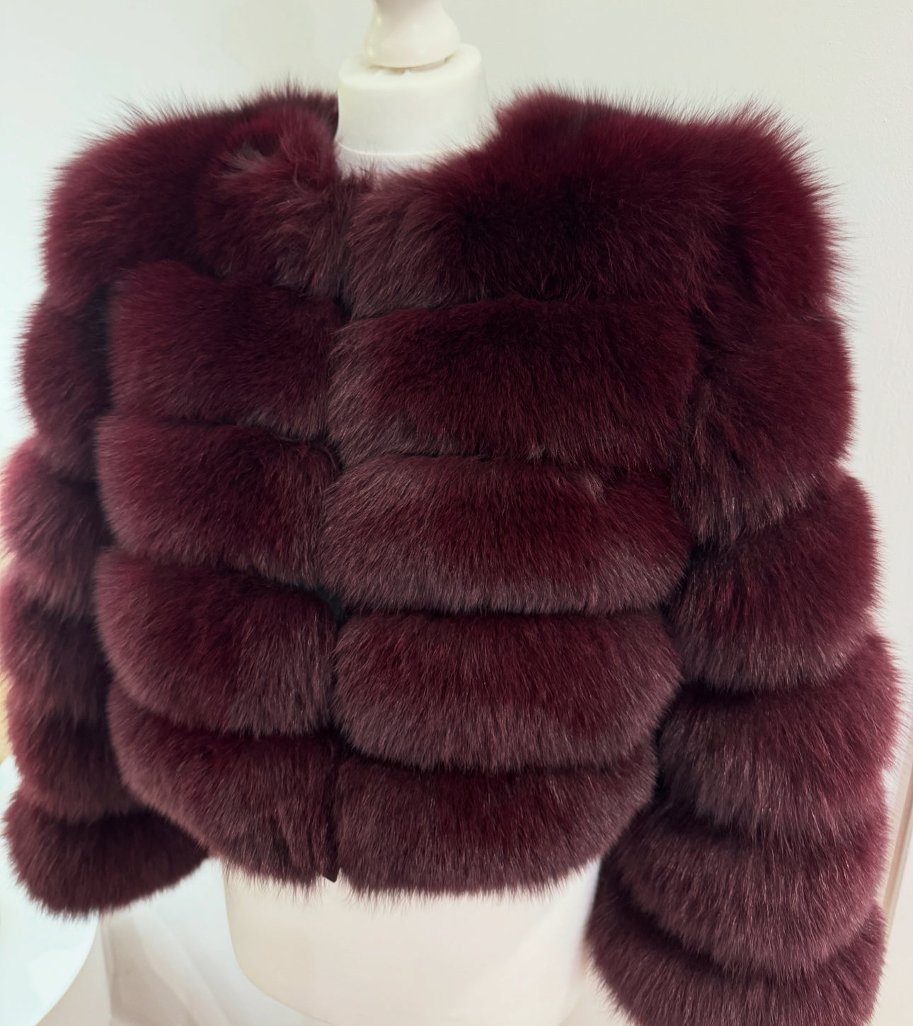 ‘Cherry Red’ Premium 5 Row Cropped Sleeve Fox Fur Coat (10/18 Day Delivery)