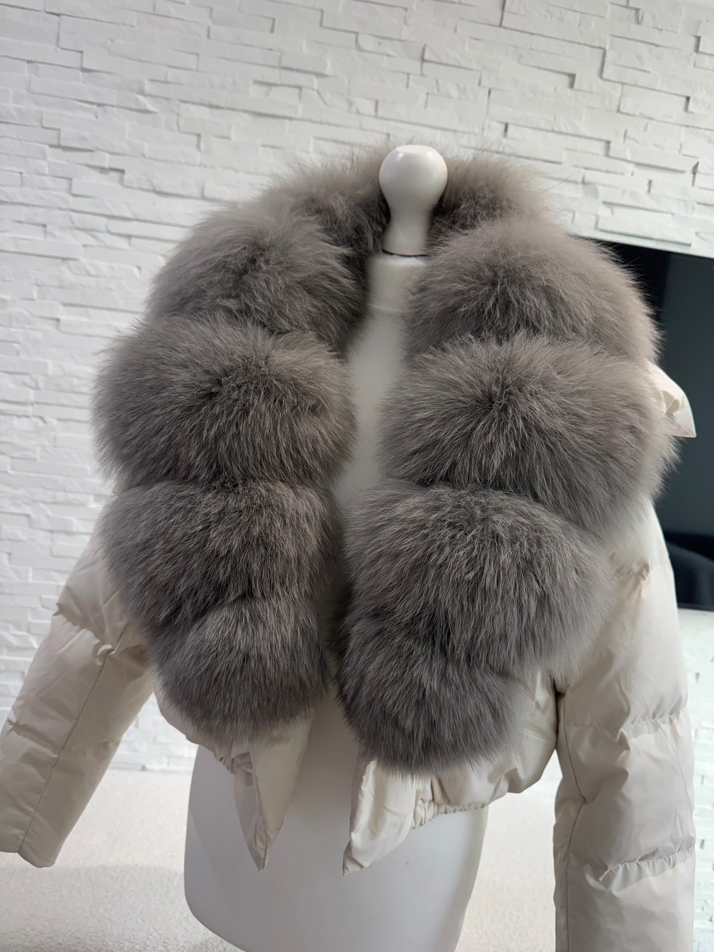 ‘Rosalina’ Cropped Cream+Grey Fox Fur Puffer (1/2 Day Delivery)