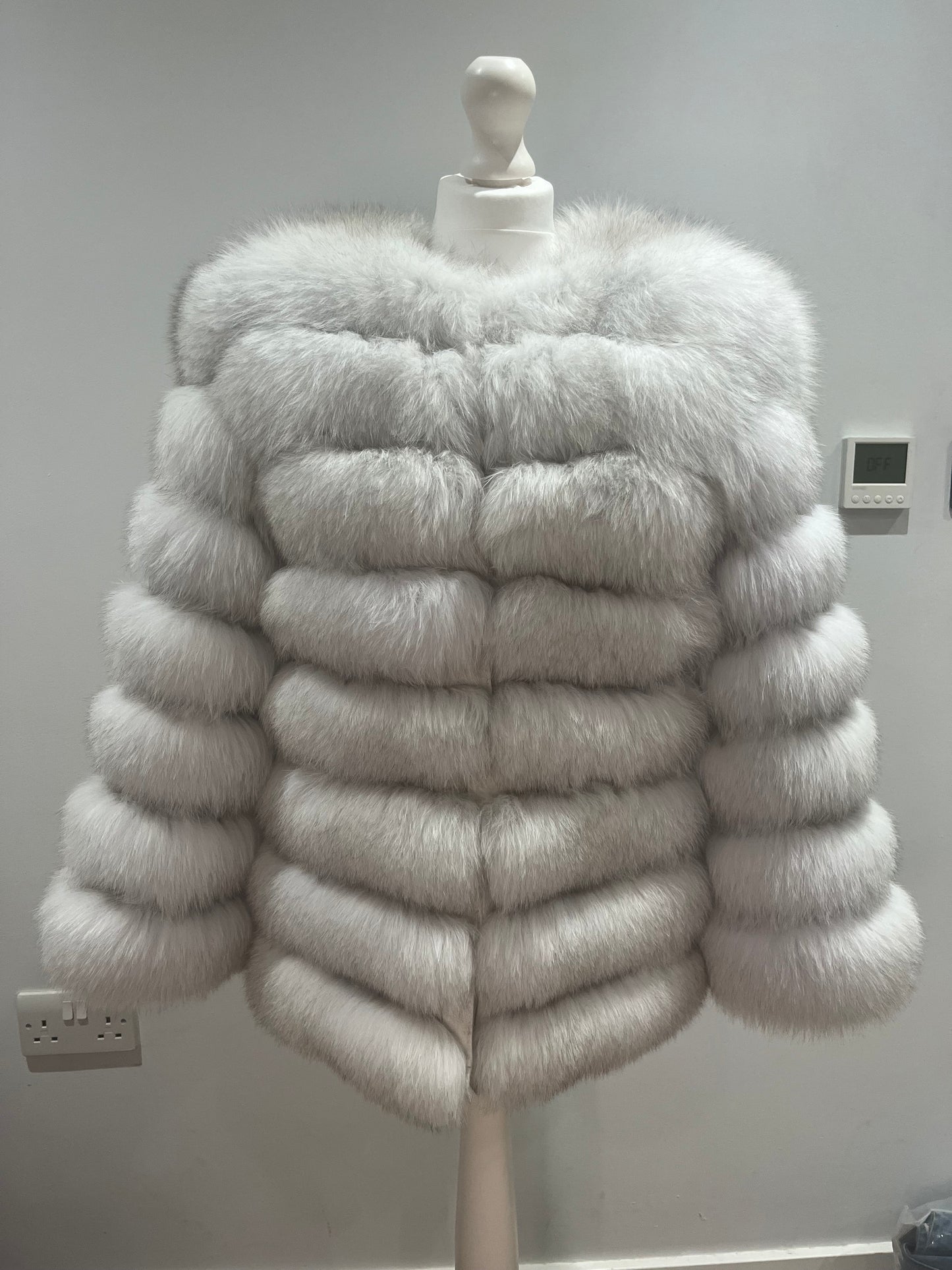 ‘Frost White’ Premium 8 Row Full Sleeve Fox Fur Coat (10/18 Day Delivery)