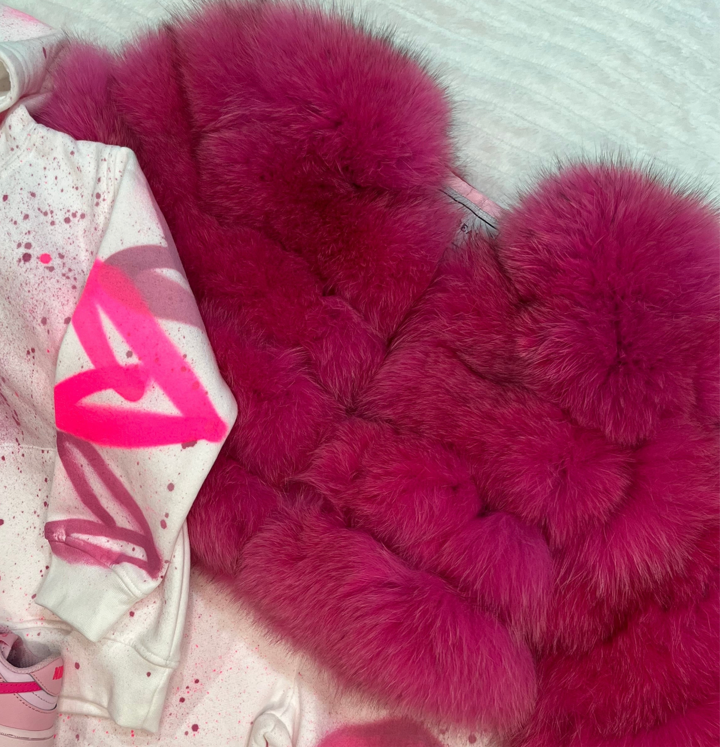 ‘Hot Pink’ Premium 5 Row Cropped Sleeve Fox Fur Coat (10/18 Day Delivery)