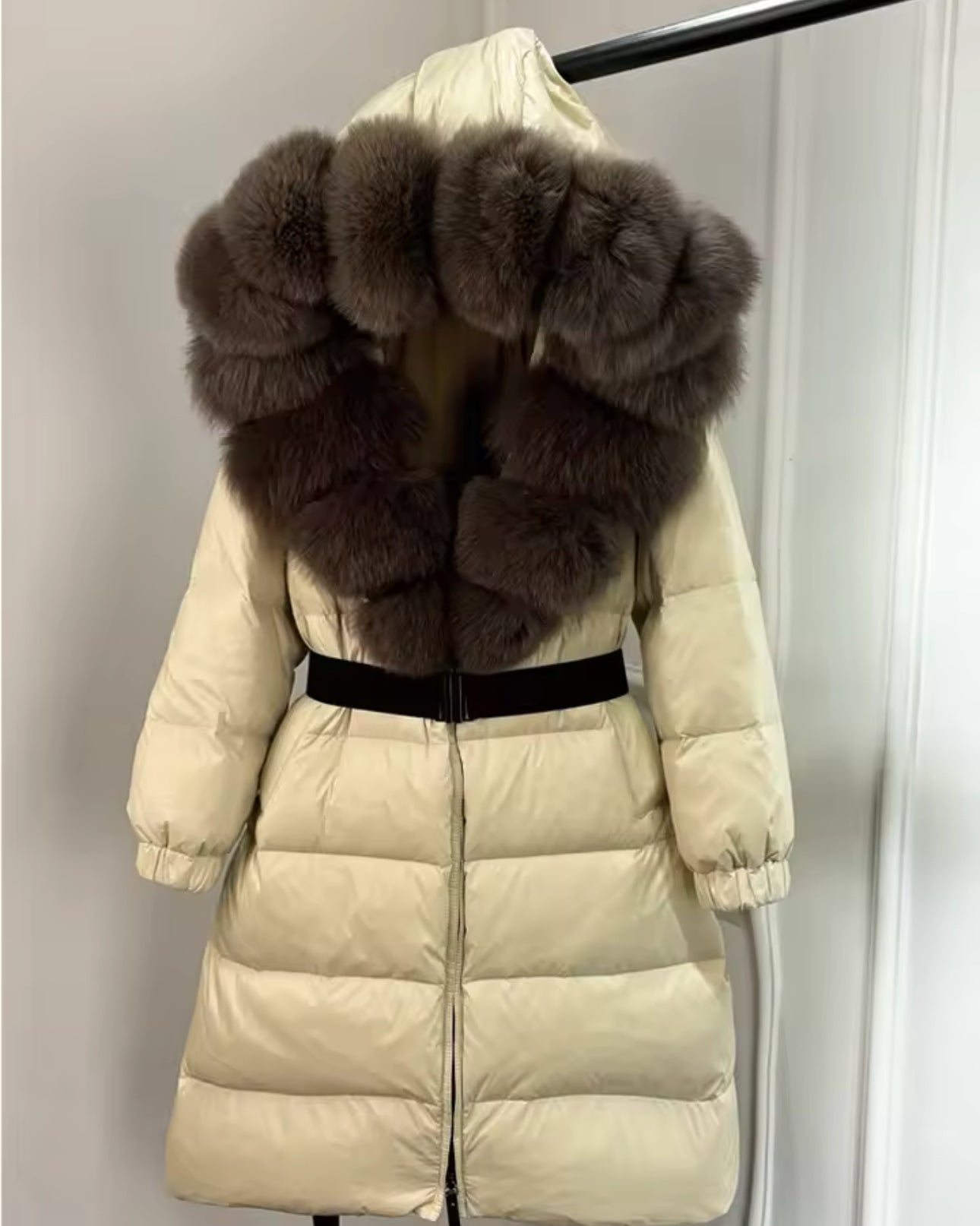 ‘Annalise’ Long Belted Hooded Fox Fur Puffer Jacket