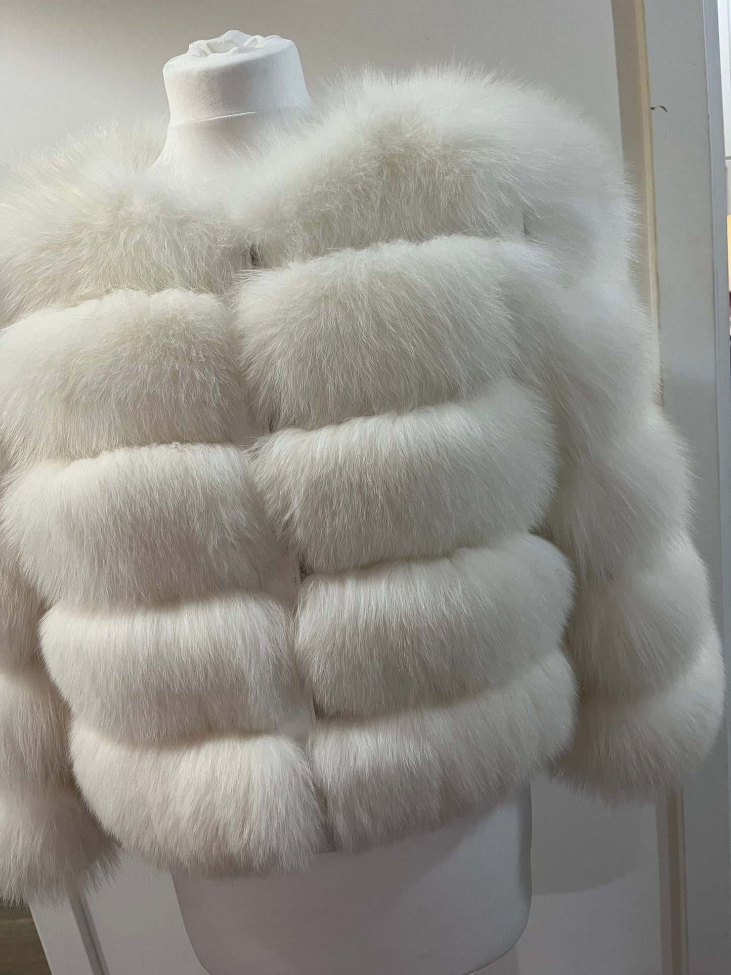 ‘Pure White’ Premium 8 Row Full Sleeve Fox Fur Coat (10/18 Day Delivery)