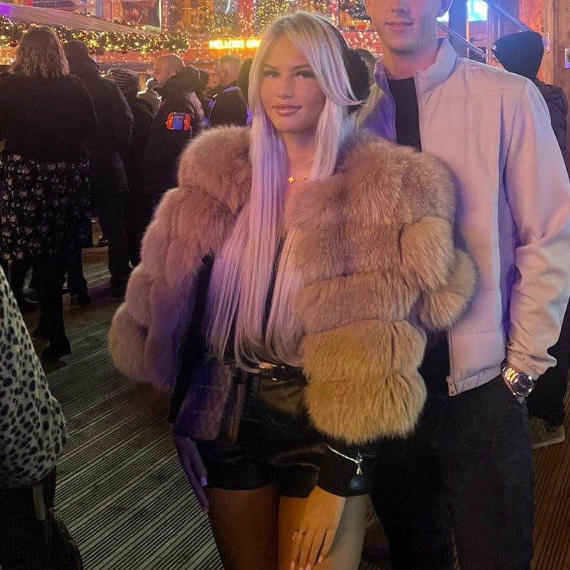 ‘Deep Camel’ Premium 5 Row Cropped Sleeve Fox Fur Coat (10/18 Day Delivery)