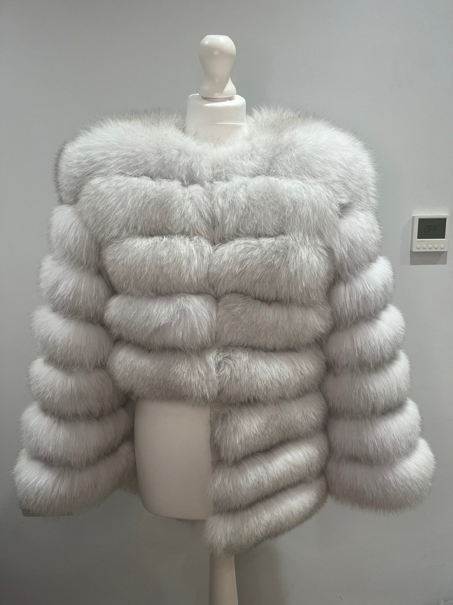 ‘Frost White’ Premium 8 Row Full Sleeve Fox Fur Coat (10/18 Day Delivery)