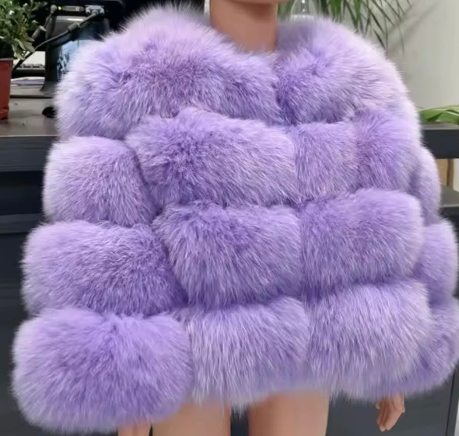 ‘Lilac’ Premium 5 Row Cropped Sleeve Fox Fur Coat (10/18 Day Delivery)
