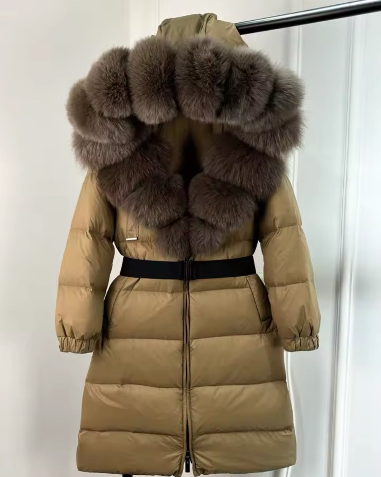 ‘Annalise’ Long Belted Hooded Fox Fur Puffer Jacket