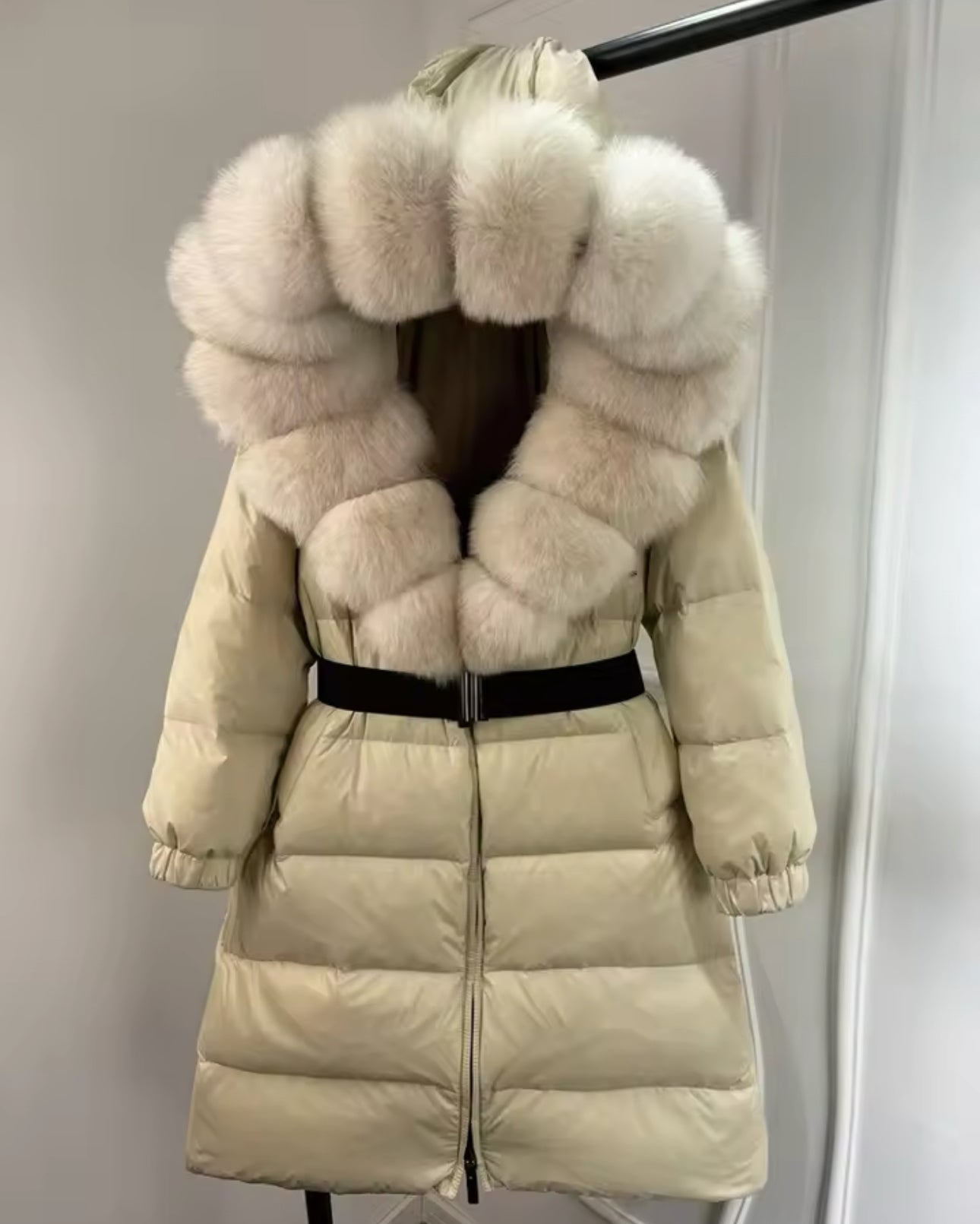 ‘Annalise’ Long Belted Hooded Fox Fur Puffer Jacket