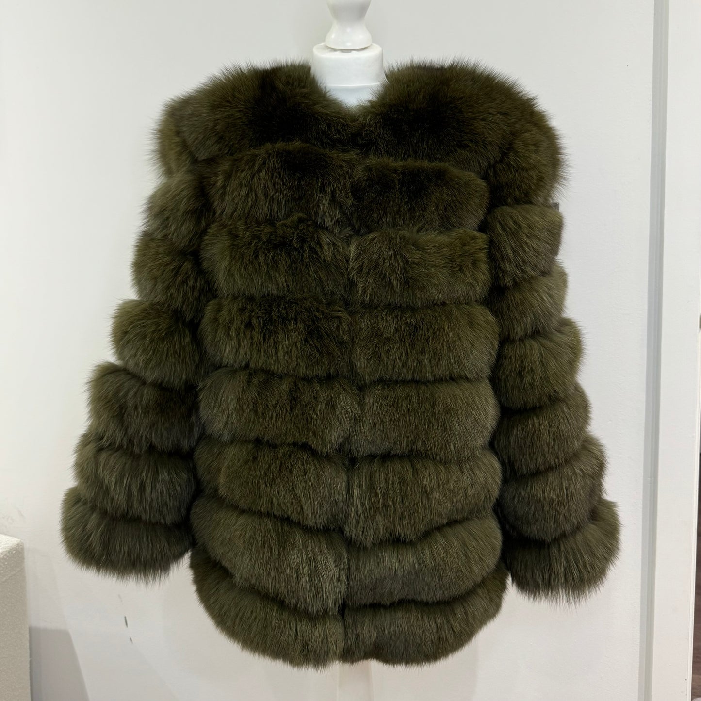 ‘Khaki’ Premium 8 Row Full Sleeve Fox Fur Coat (10/18 Day Delivery)