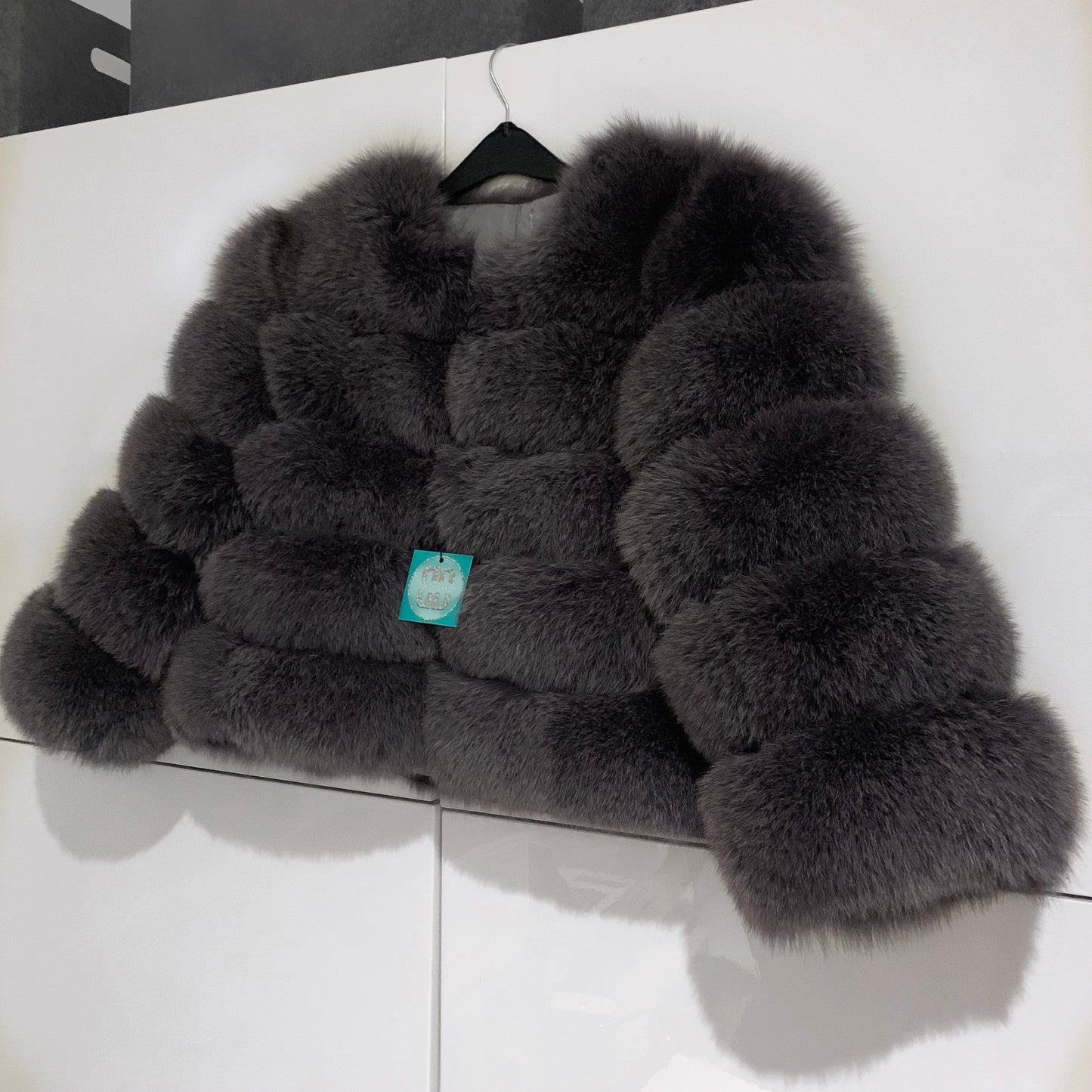 ‘Medium Grey’ Premium 5 Row Cropped Sleeve Fox Fur Coat (10/18 Day Delivery)