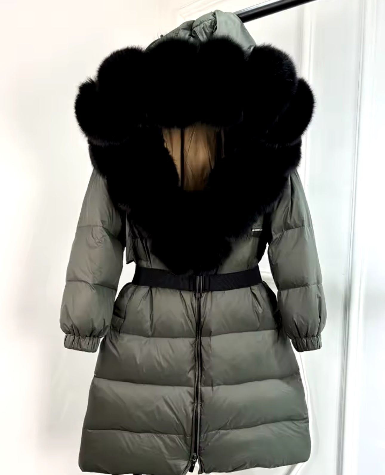 ‘Annalise’ Long Belted Hooded Fox Fur Puffer Jacket