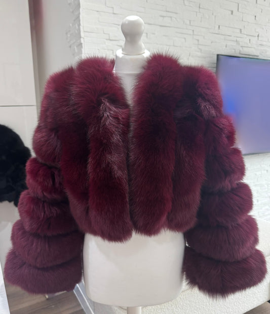 Vertical ‘Cherry Red’ Premium Full Sleeve Fox Fur Coat (10/18 Day Delivery)