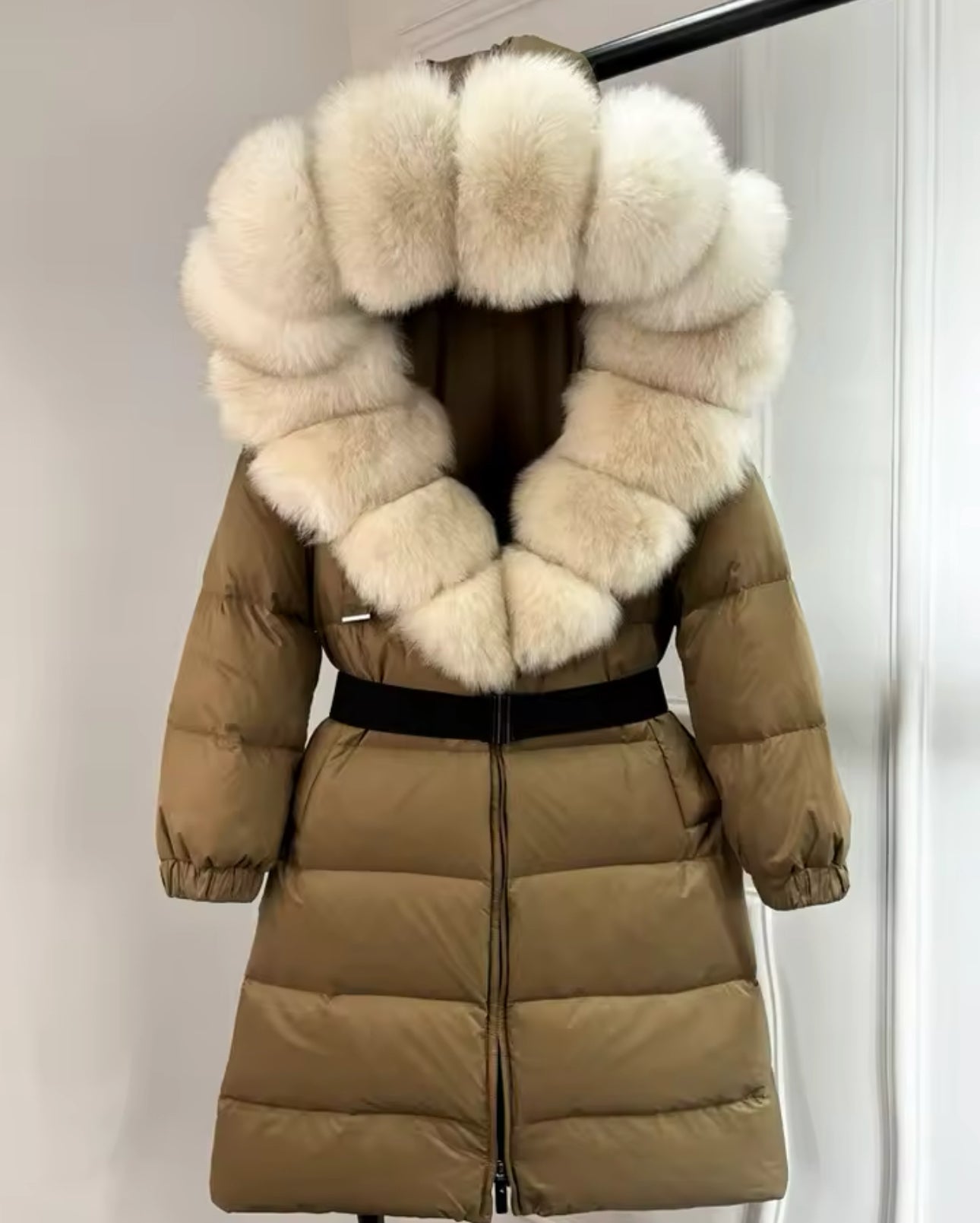 ‘Annalise’ Long Belted Hooded Fox Fur Puffer Jacket