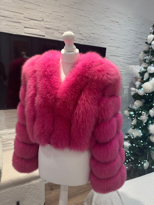 Vertical ‘Hot Pink’ Premium Full Sleeve Fox Fur Coat (10/18 Day Delivery)