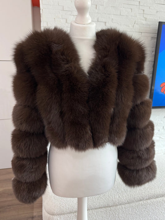 Vertical ‘Chocolate Brown’ Premium Full Sleeve Fox Fur Coat (10/18 Day Delivery)