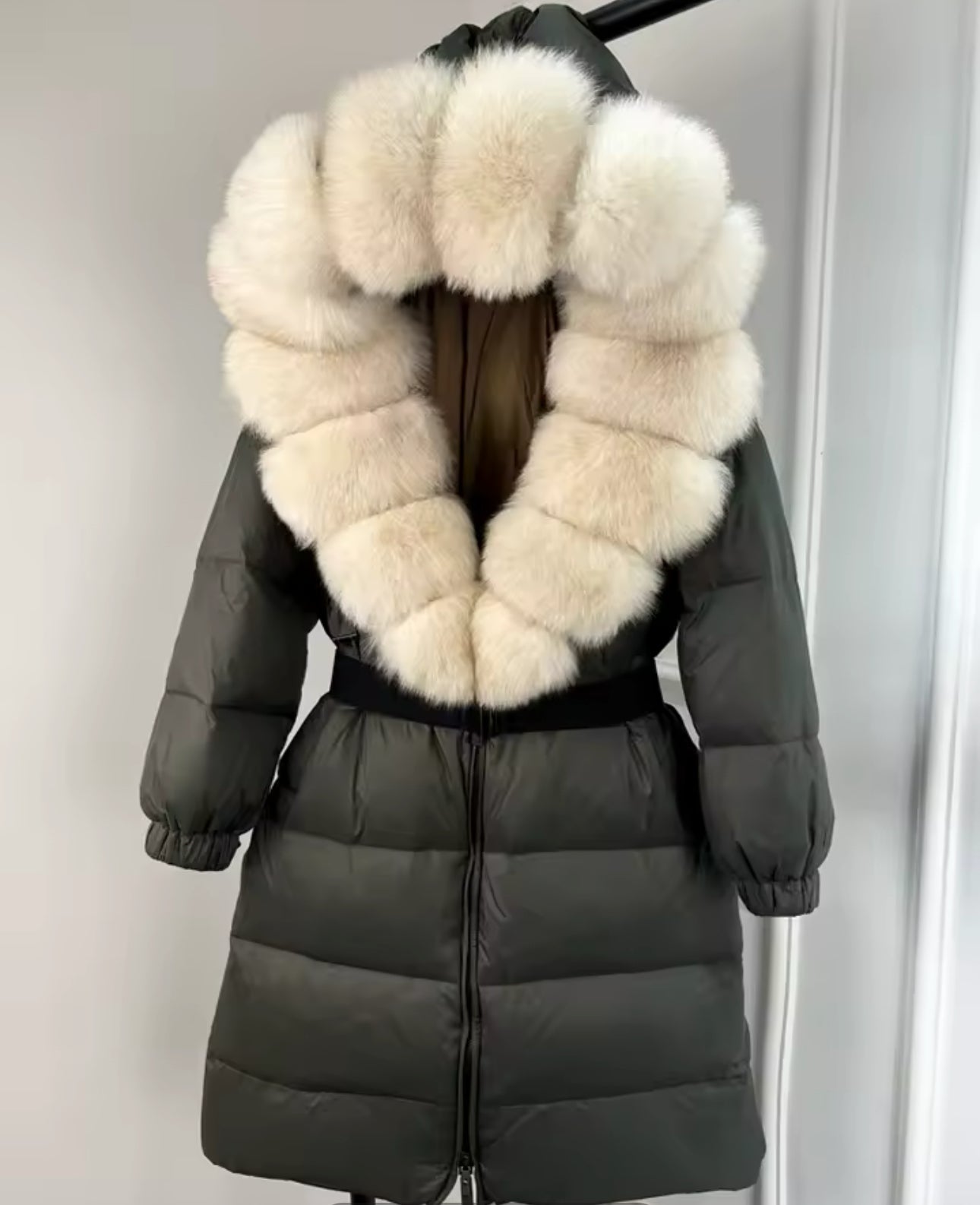 ‘Annalise’ Long Belted Hooded Fox Fur Puffer Jacket