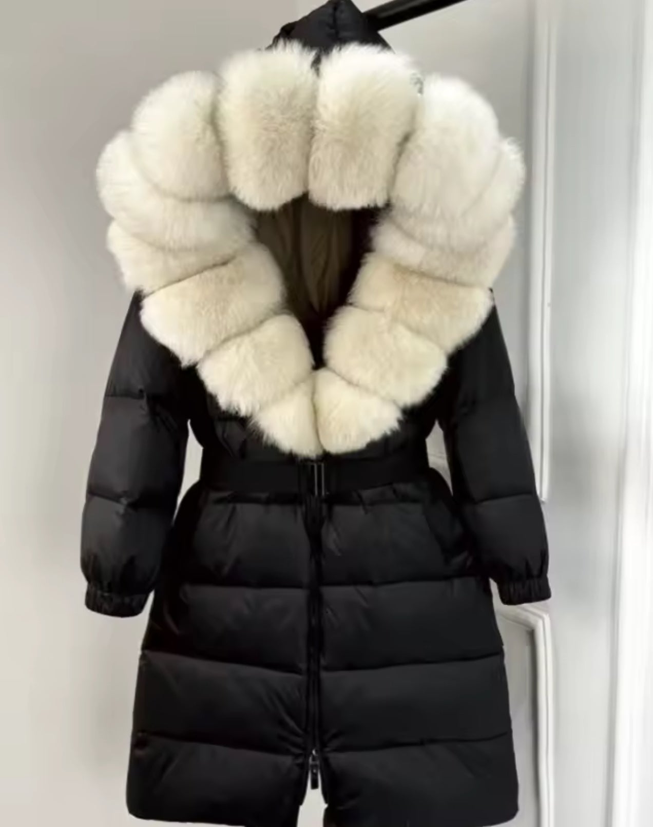 ‘Annalise’ Long Belted Hooded Fox Fur Puffer Jacket