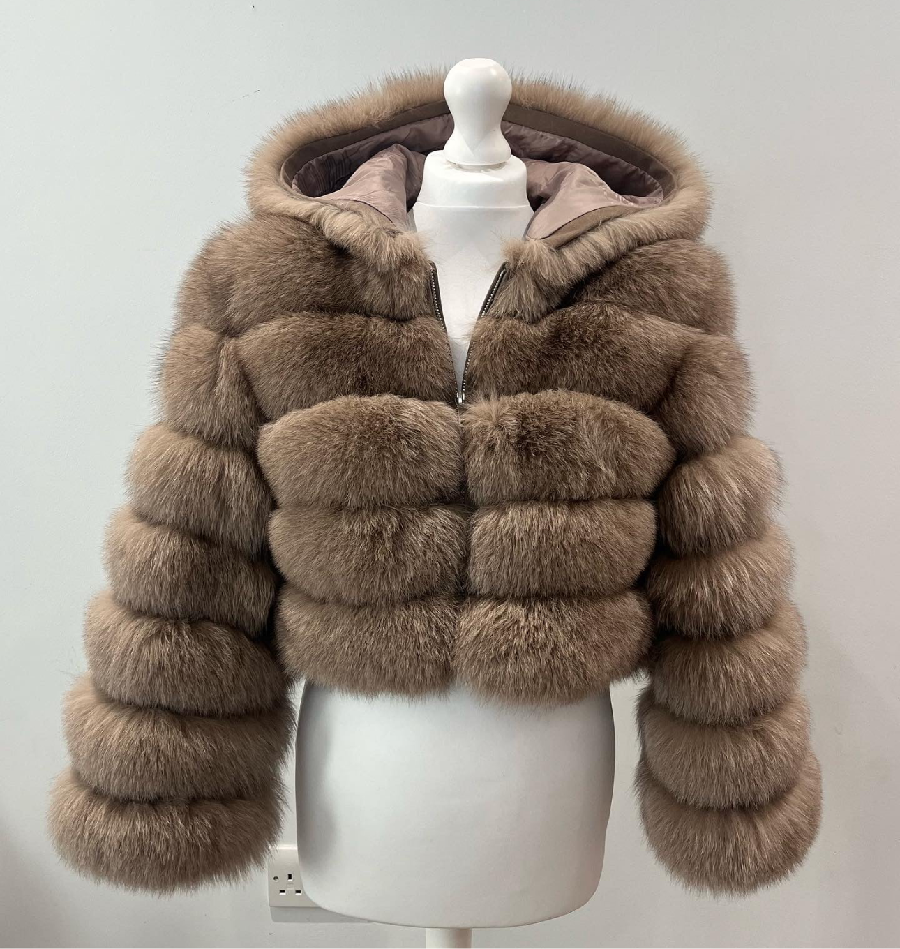 ‘Light Coffee’ Premium Hooded Full Sleeve Fox Fur Coat (10/18 Day Delivery)
