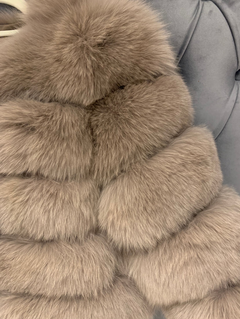 ‘Light Coffee’ Premium 8 Row Full Sleeve Fox Fur Coat (10/18 Day Delivery)