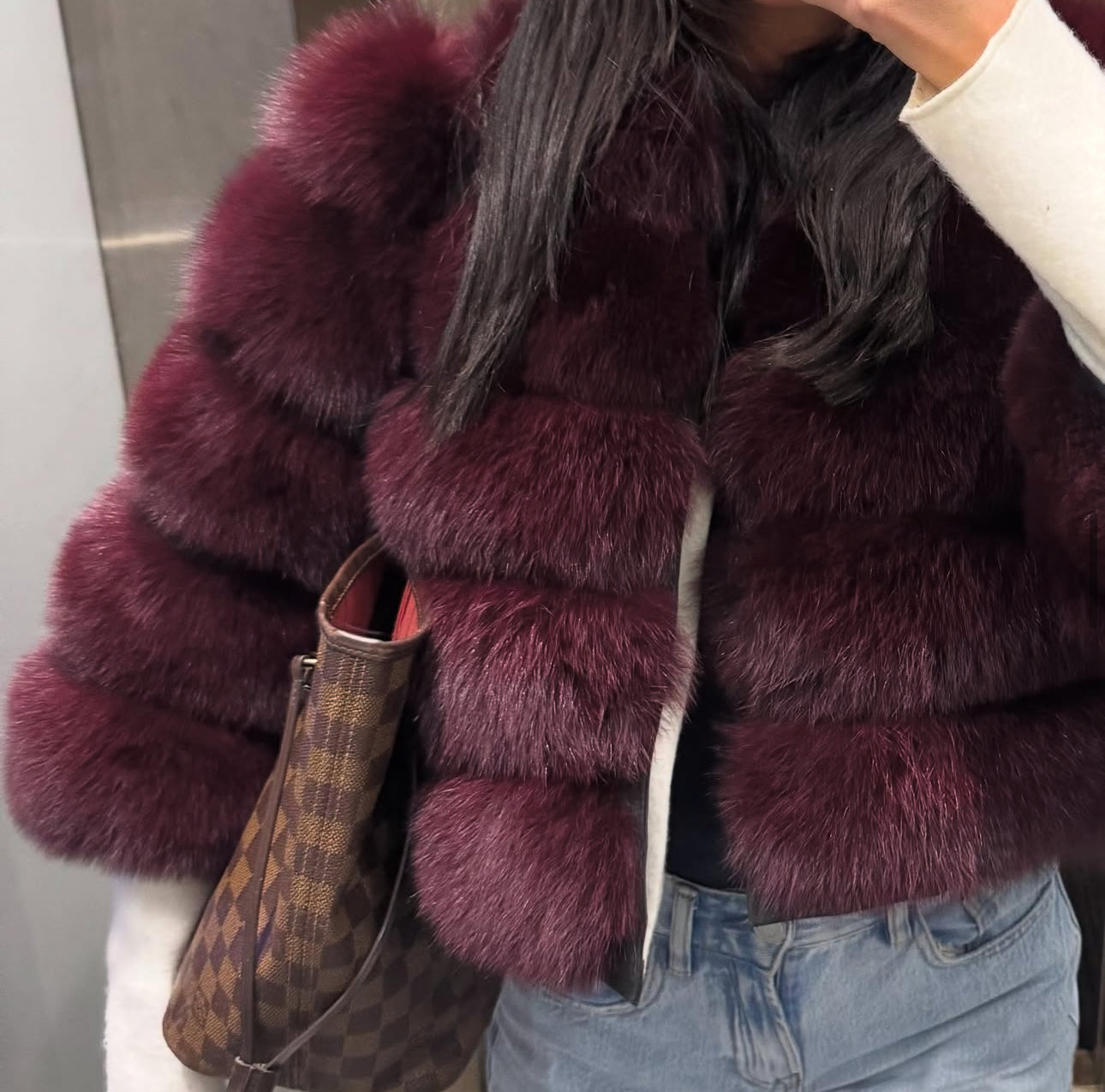 ‘Cherry Red’ Premium 5 Row Cropped Sleeve Fox Fur Coat (10/18 Day Delivery)