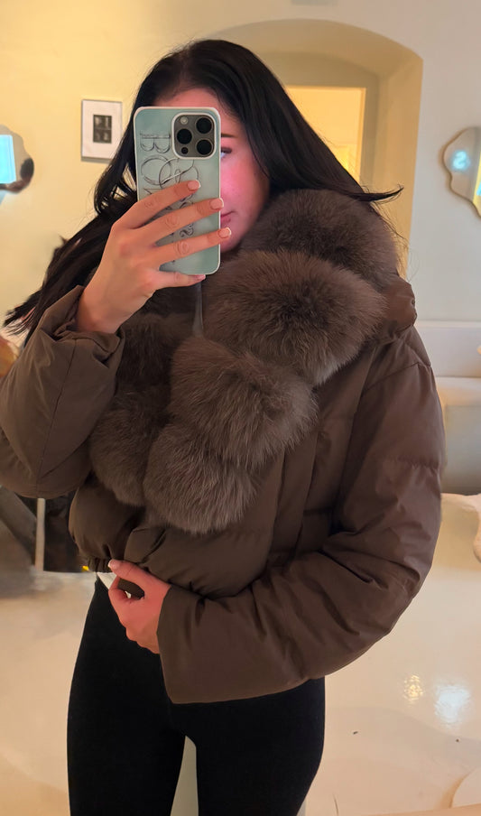 ‘Rosalina’ Cropped All Brown Fox Fur Puffer Jacket (1/2 day delivery)