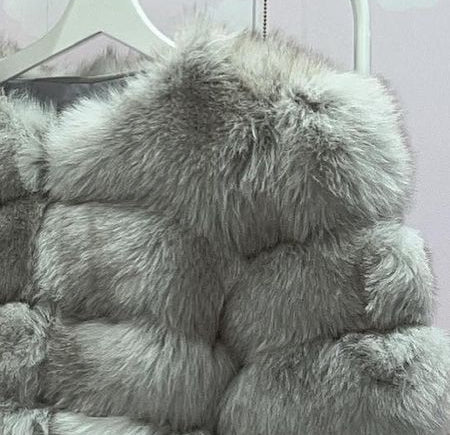 ‘Lightest Grey’ Premium 8 Row Full Sleeve Fox Fur Coat (10/18 Day Delivery)