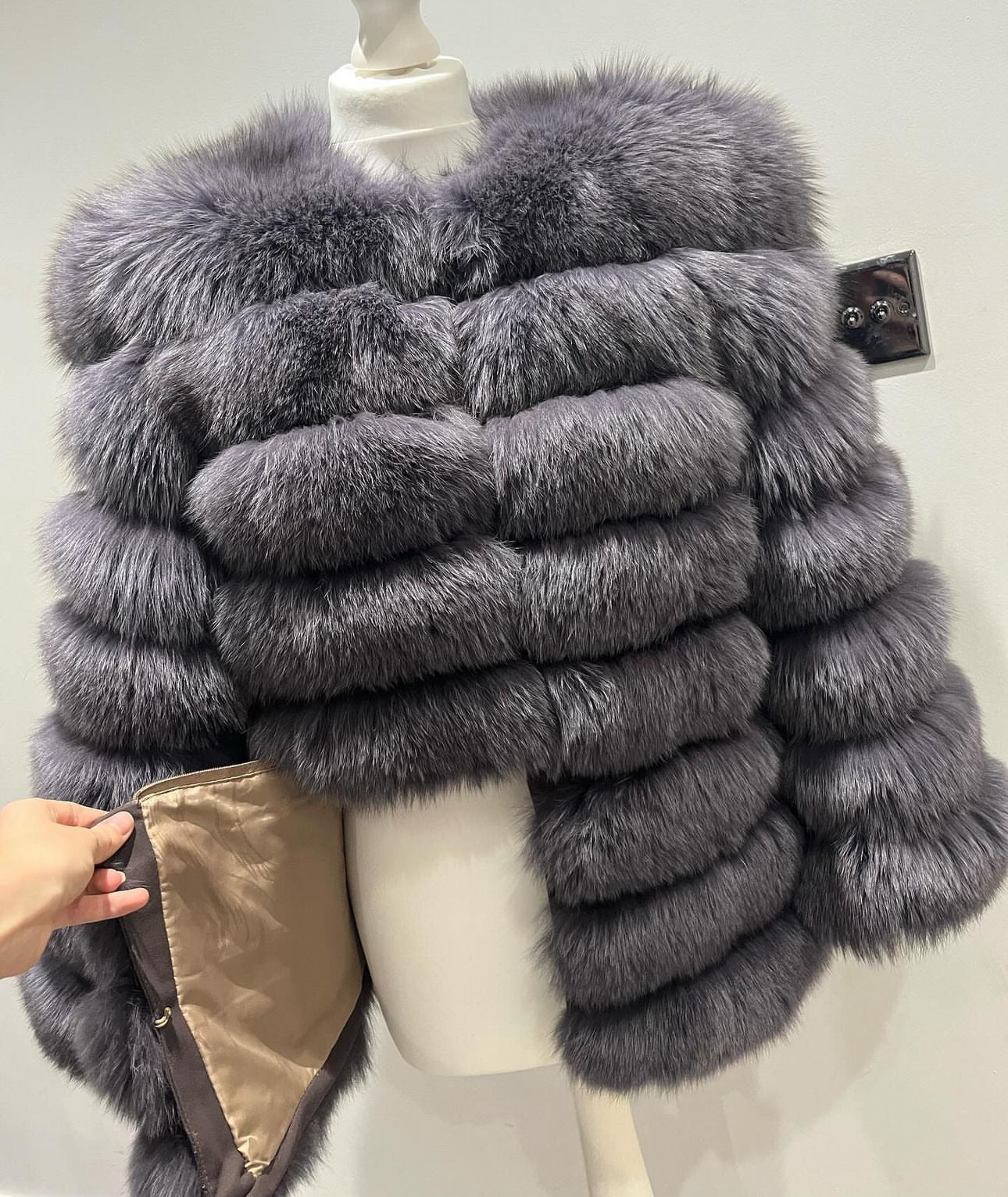 ‘Black’ Premium 8 Row Full Sleeve Fox Fur Coat (10/18 Day Delivery)