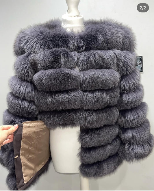 ‘Medium Grey’ Premium 8 Row Full Sleeve Fox Fur Coat (10/18 Day Delivery)