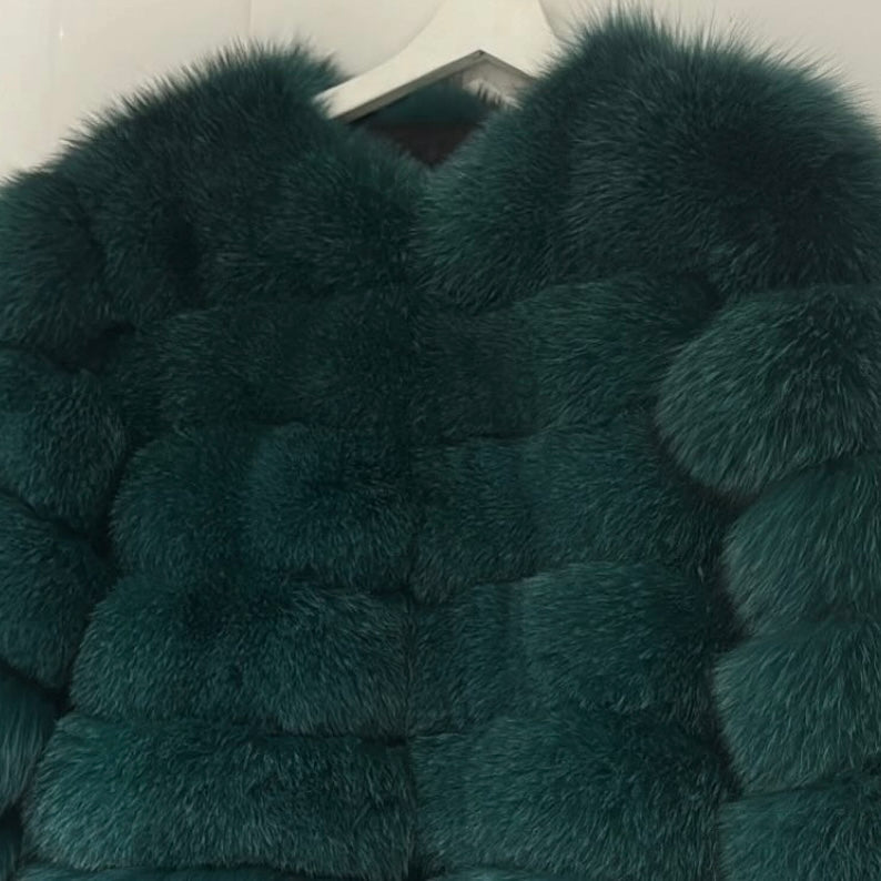 ‘Bottle Green’ Premium 5 Row Cropped Sleeve Fox Fur Coat (10/18 Day Delivery)