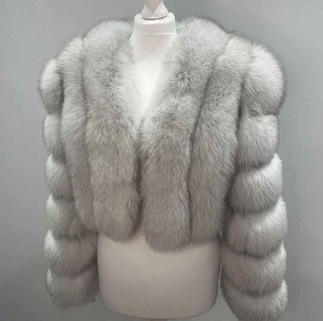 Vertical ‘Frost White’ Premium Full Sleeve Fox Fur Coat (10/18 Day Delivery)