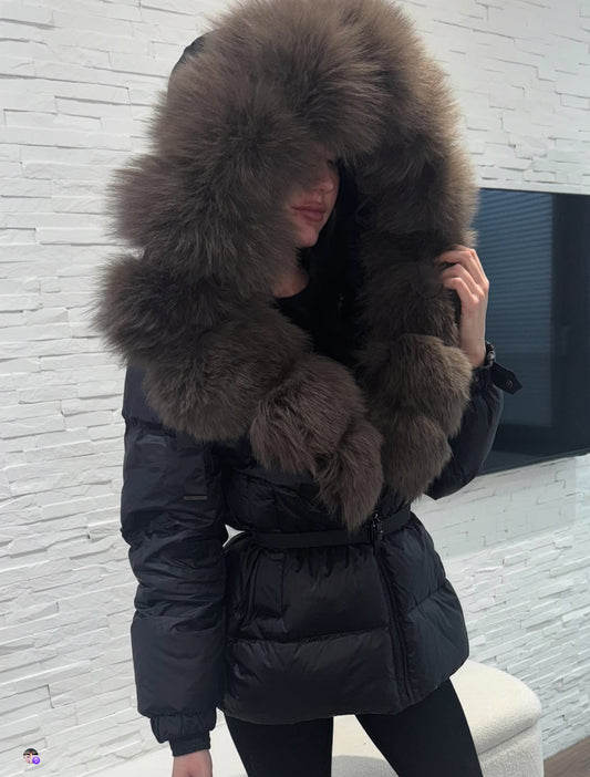 ‘Lucia’ Black/Brown Hooded Fox Fur Puffer Jacket