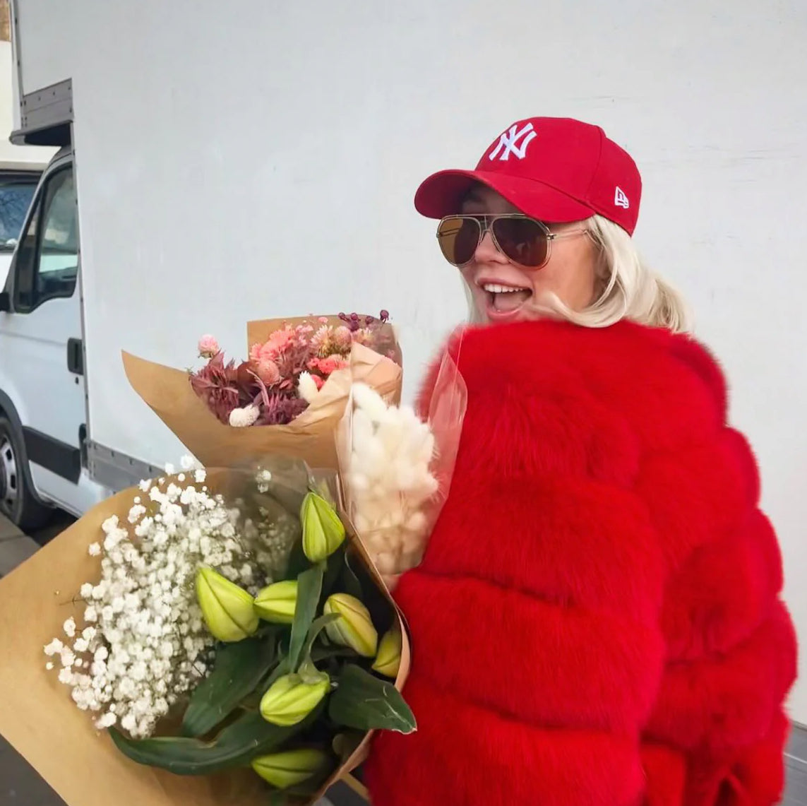 ‘Red’ Premium Cropped Sleeve Fox Fur Coat UK 10/12/14 (1 Day Delivery)