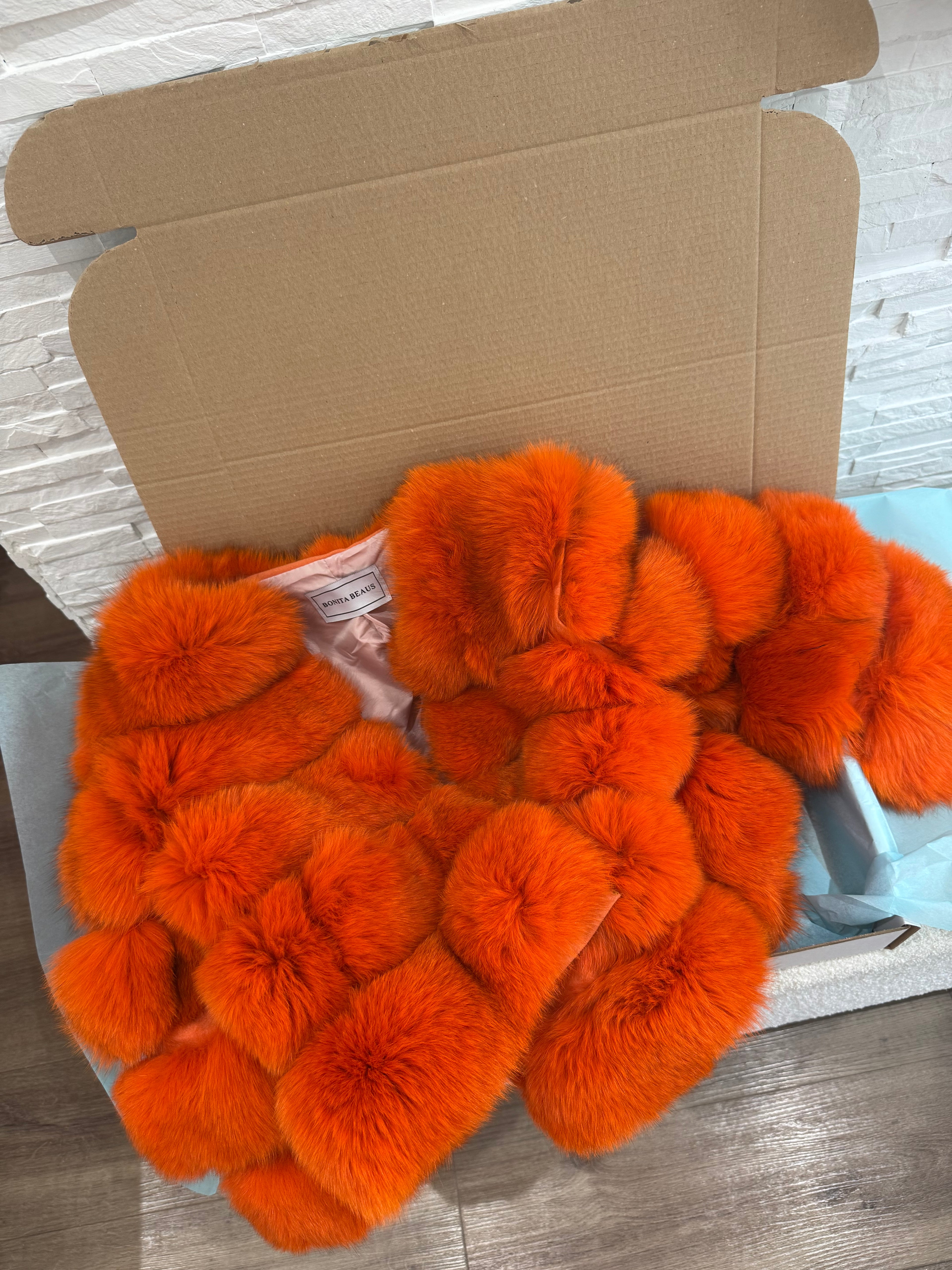 ‘Orange’ Premium 5 Row Cropped Sleeve Fox Fur Coat (10/18 Day Delivery)