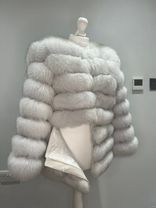 ‘Frost White’ Premium 8 Row Full Sleeve Fox Fur Coat (10/18 Day Delivery)