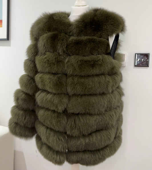 ‘Khaki’ Premium 8 Row Full Sleeve Fox Fur Coat (10/18 Day Delivery)