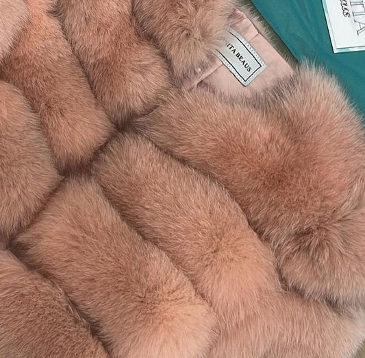 ‘Dusty Pink’ Premium 8 Row Full Sleeve Fox Fur Coat (10/18 Day Delivery)