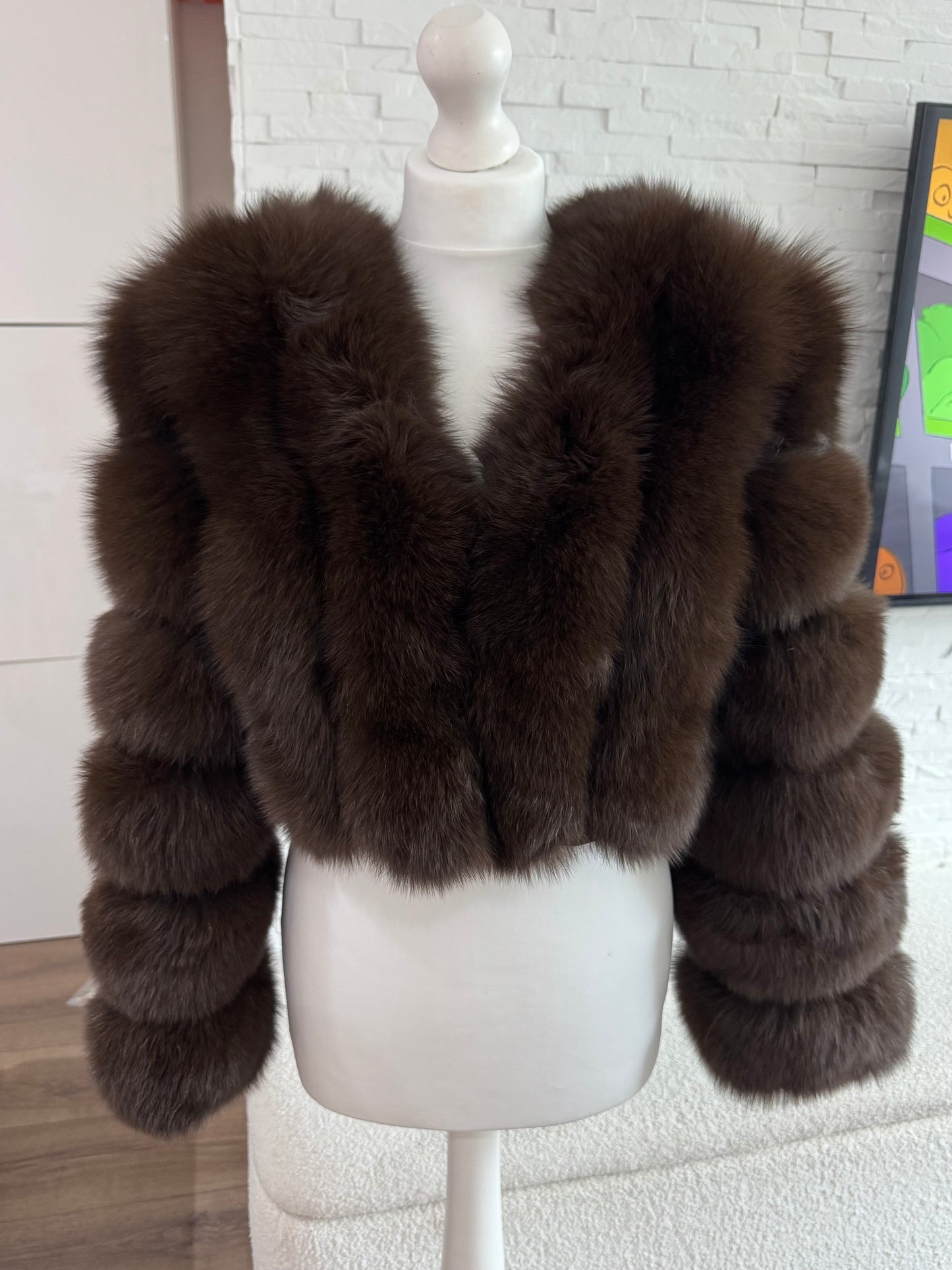 Vertical ‘Chocolate Brown’ Premium Full Sleeve Fox Fur Coat (10/18 Day Delivery)