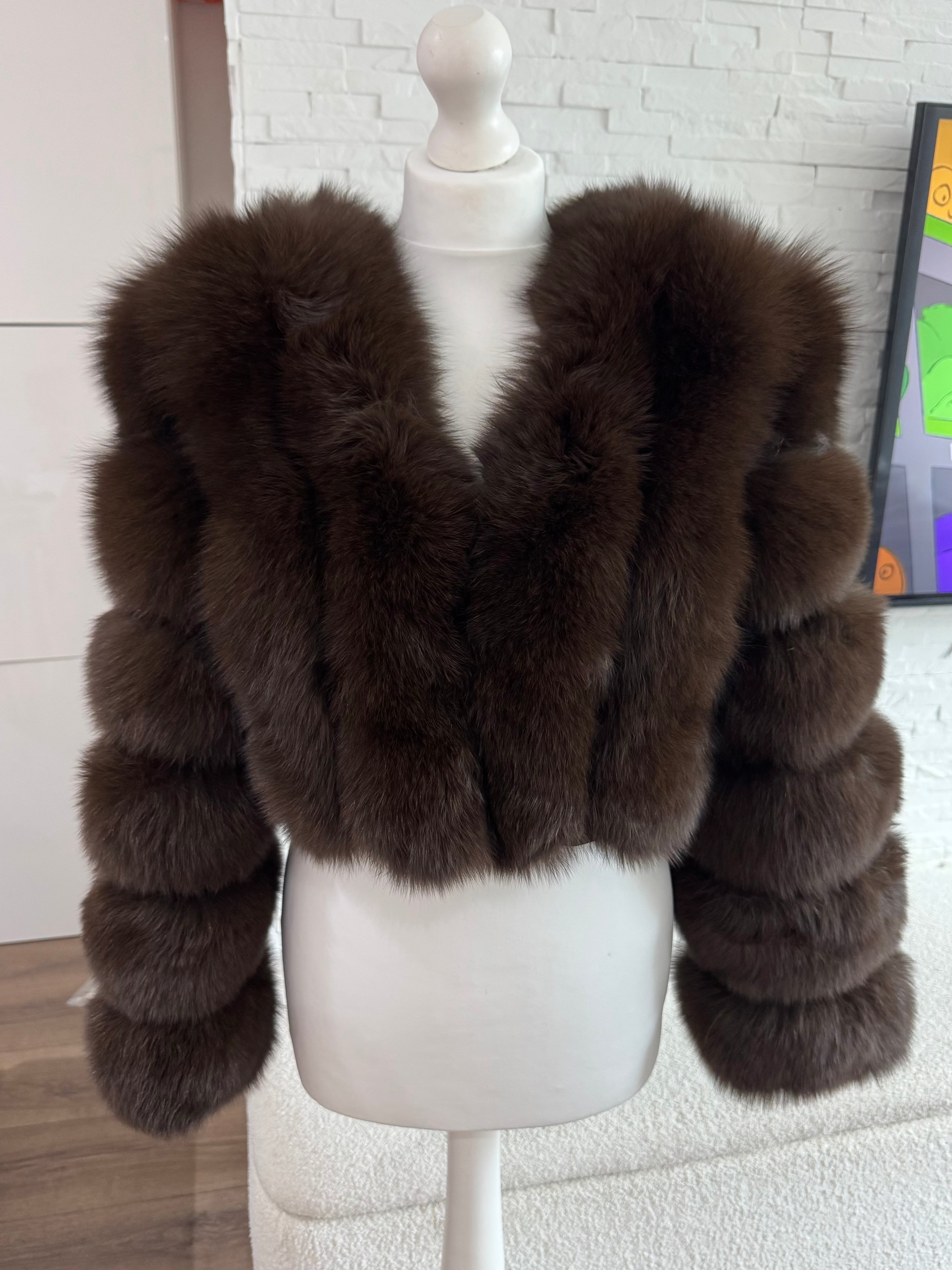 Vertical ‘Chocolate Brown’ Premium Full Sleeve Fox Fur Coat (10/18 Day Delivery)