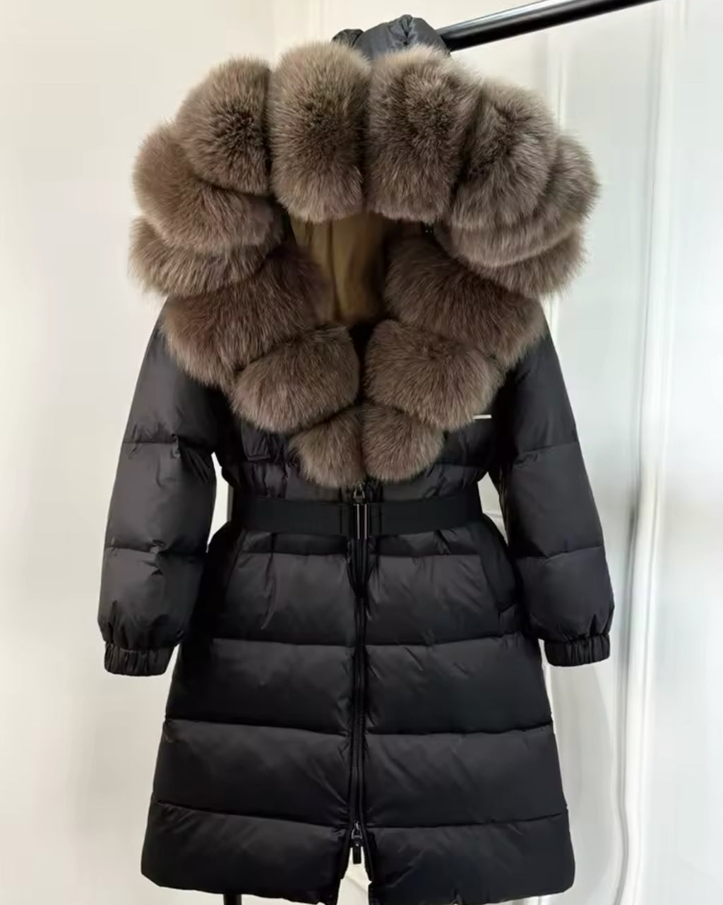 ‘Annalise’ Long Belted Hooded Fox Fur Puffer Jacket