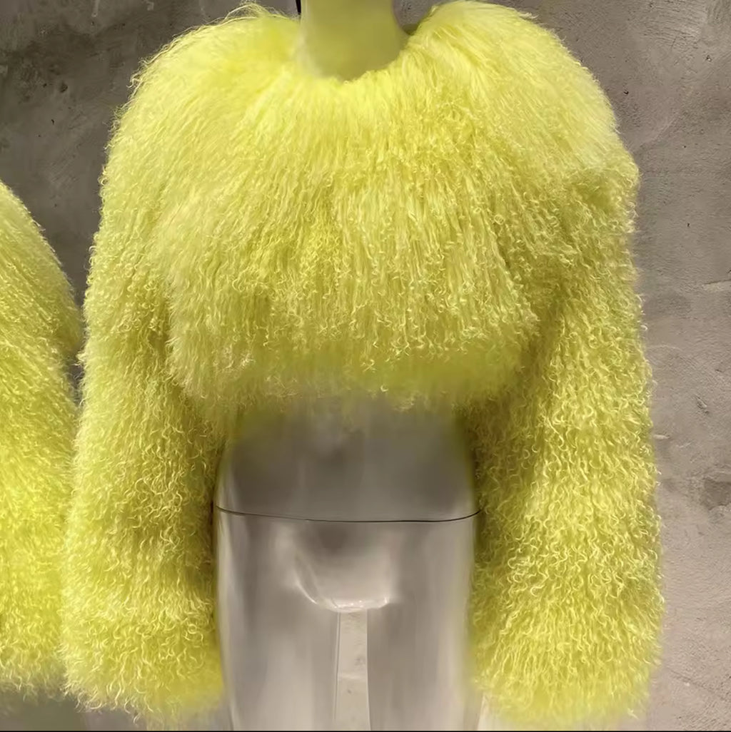 ‘Zara’ Extreme Cropped Mongolian Lamb Fur Coat (8/10 day delivery)