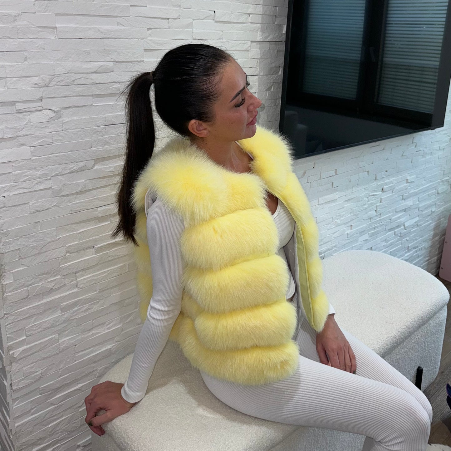 ‘Yellow’ Premium 5 Row Cropped Sleeve Fox Fur Coat (10/18 Day Delivery)