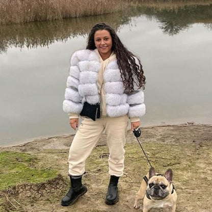 ‘Frost White’ Premium 5 Row Cropped Sleeve Fox Fur Coat (10/18 Day Delivery)
