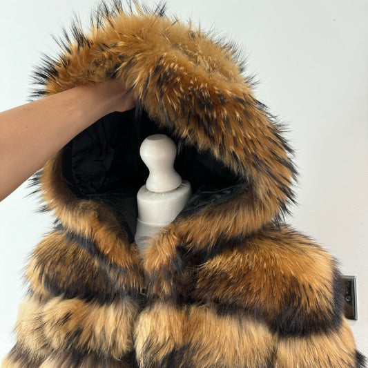 Hooded Raccoon Full Sleeve Fur Coat (10/18 Day Delivery)