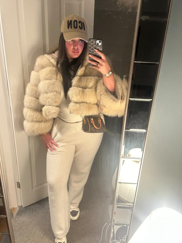 ‘Beige’ Premium Hooded Full Sleeve Fox Fur Coat (10/18 Day Delivery)