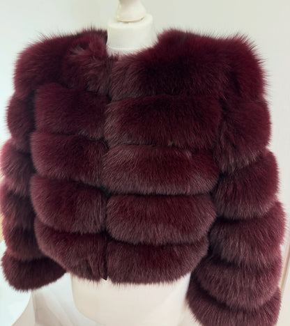 ‘Cherry Red’ Premium 5 Row Cropped Sleeve Fox Fur Coat (10/18 Day Delivery)