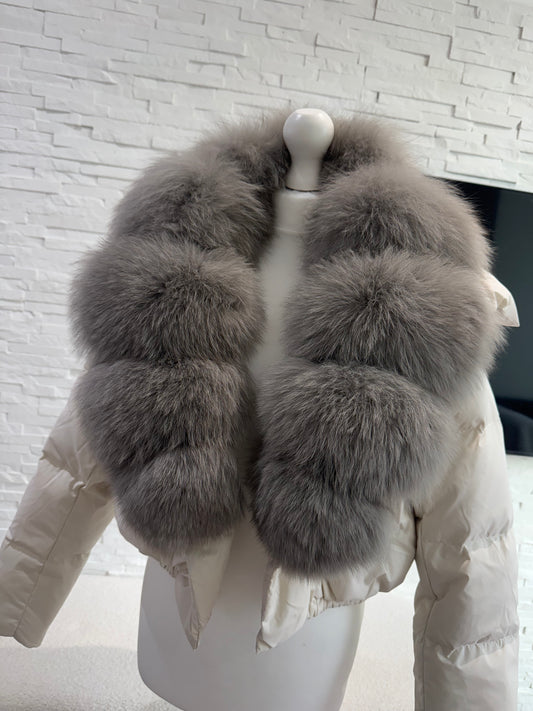 ‘Rosalina’ Cropped Cream+Grey Fox Fur Puffer (1/3 DAY DELIVERY)