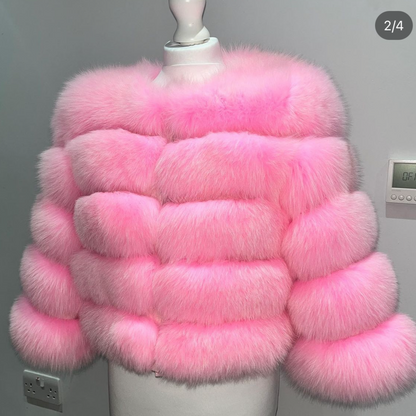 ‘Candy Floss Pink’ Premium 5 Row Cropped Sleeve Fox Fur Coat (10/18 Day Delivery)